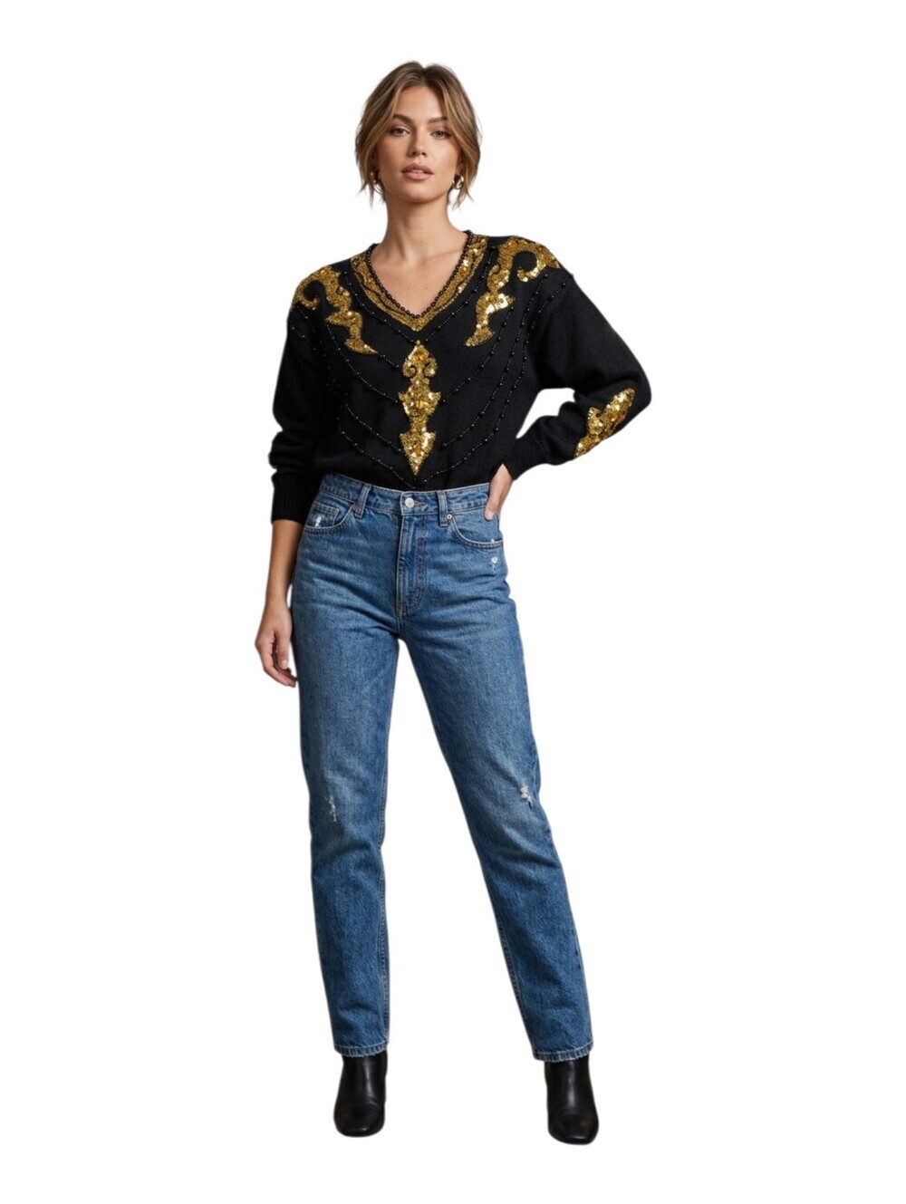 Vintage Black Gold Sequin Beaded V-Neck Sweater Avant Garde Wool Knit Size M